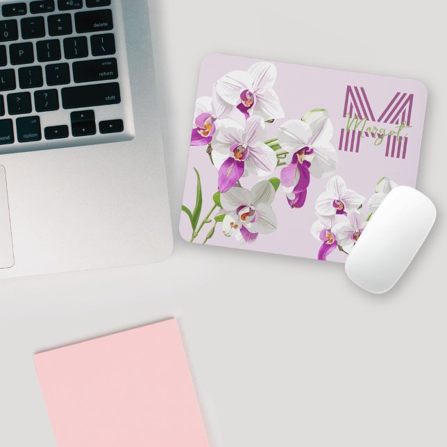 Tapis De Souris Orchidées blanches délicates Monogram Mousepad (Créateur téléchargé)