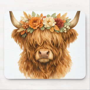 Tapis De Souris Oreiller décoratif Boho Highland Cow avec couronne