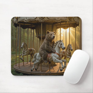 Tapis De Souris Ours chevauchant un cheval de carrousel dans une f