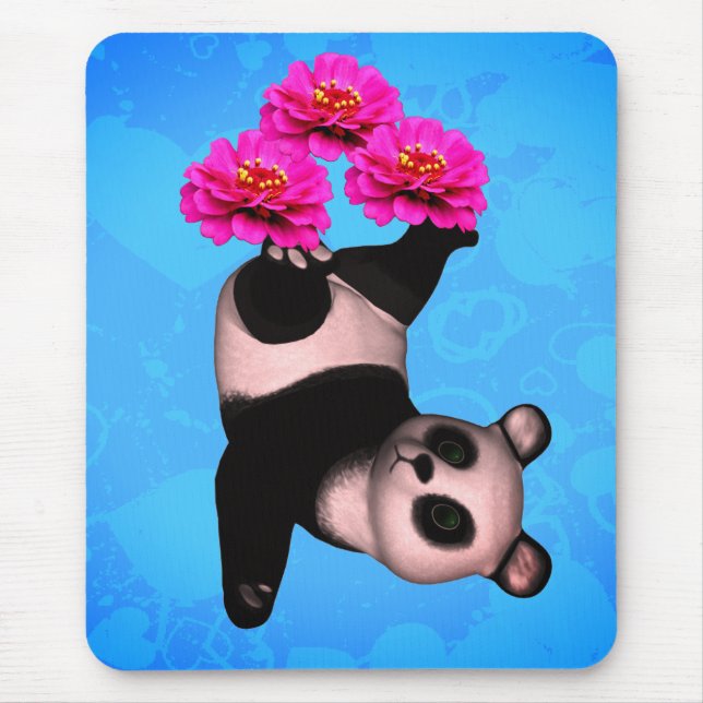 Tapis De Souris Ours De Panda Jongeurs Et Fleurs De Zinnia Rose (Devant)