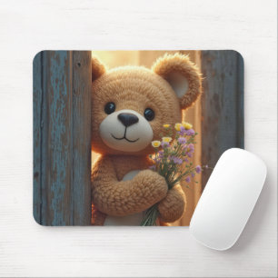 Tapis De Souris Ours en peluche Brown tenant un bouquet Fleur sauv