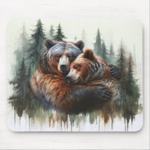 Tapis De Souris Ours et arbres à l'aquarelle Rustique Wilderness 