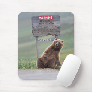 Tapis De Souris Ours Grizzly Joue Avec Un Panneau