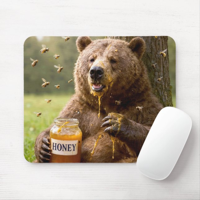 Tapis De Souris Ours mangeant du miel dans un pot (Avec souris)