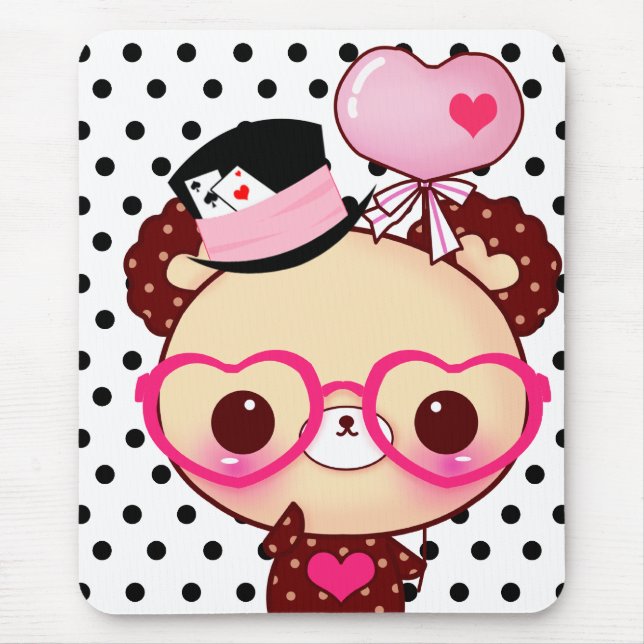 Tapis De Souris Ours mignon de chocolat avec les verres roses (Devant)