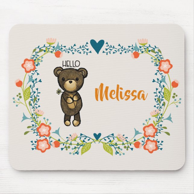 Tapis De Souris Ours mignon, Fleur Jaune et Fleur Florale (Devant)