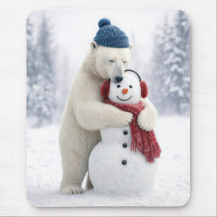 Tapis De Souris Ours polaire enlaçant un bonhomme de neige