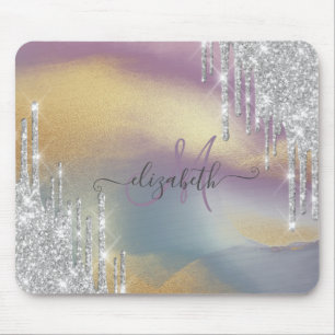 Tapis De Souris Paillettes argentées coulent couleur or Monogramme
