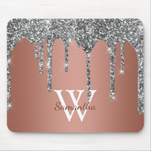 Tapis De Souris Paillettes Argentées Monogramme en Or Rose