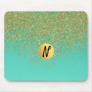Tapis De Souris Paillettes dorées en cascade & Aqua sarcelle Glamo