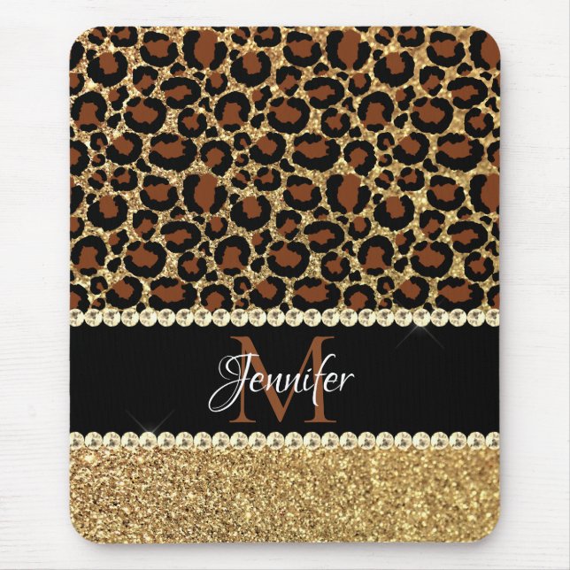 Tapis De Souris Paillettes dorées Léopard Glamour Monogramme Fémin (Devant)