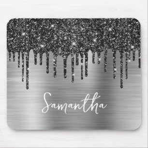 Tapis De Souris Paillettes Noires qui Coulent Argent Glam Nom
