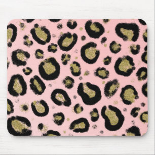 Tapis De Souris Paillettes Or Rose et Imprimé Léopard Tacheté Noir
