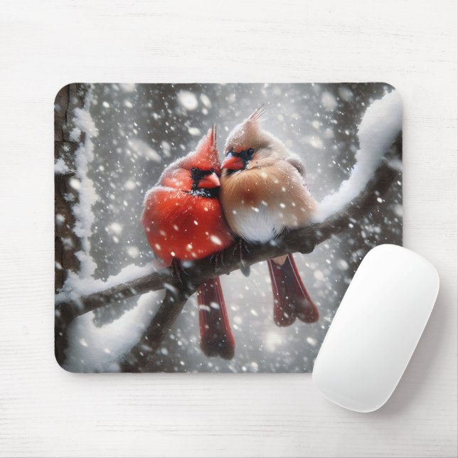 Tapis De Souris Paire de cardinaux sur une branche neigeuse (Avec souris)