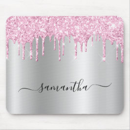 Tapis De Souris Pale Pink Glitter Drips Silver Shimmer
