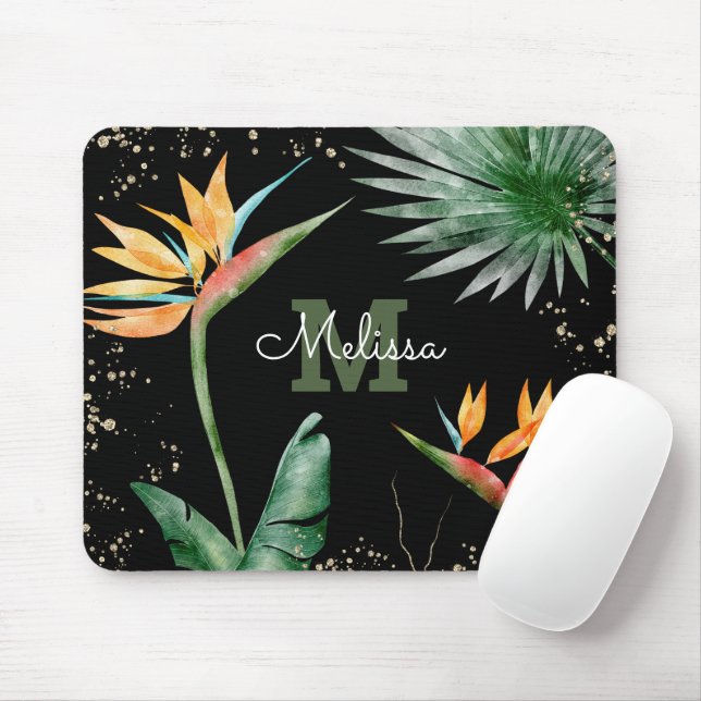 Tapis De Souris Palme de feuillage tropical Monogramme Or Noir (Avec souris)