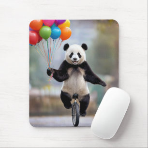 Tapis De Souris Panda sur un monocycle avec un bouquet de ballons
