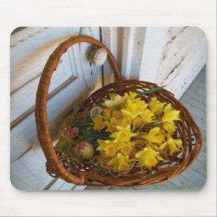 Tapis De Souris Panier des jonquilles jaunes, porte antique