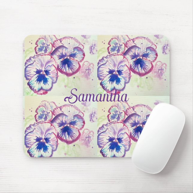 Tapis De Souris Pansy Panies Purple Fleurs Florales Aquarelle Nom (Avec souris)