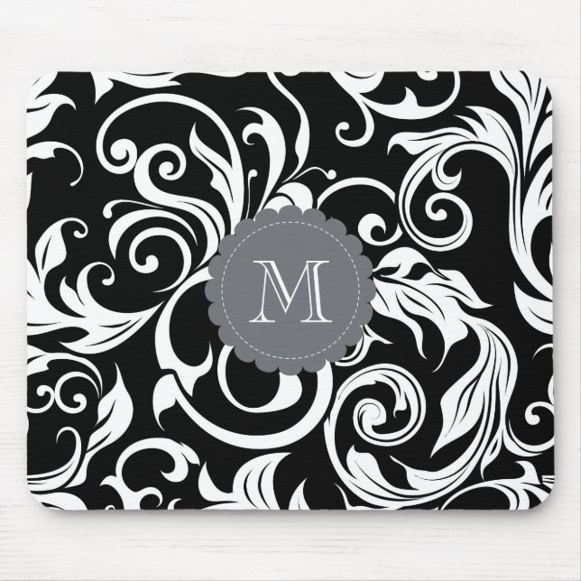 Tapis De Souris Papier peint floral de monogramme blanc noir (Devant)