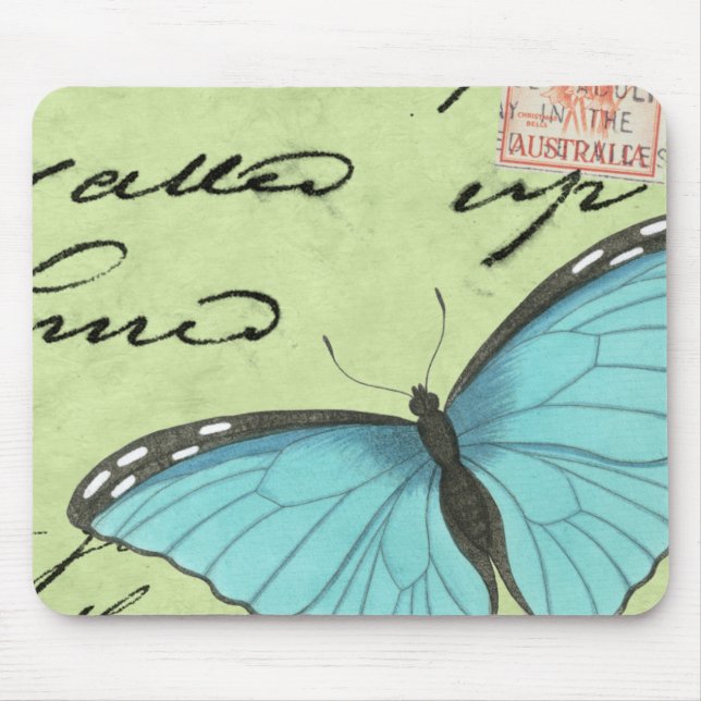 Tapis De Souris Papillon à ailes bleues sur carte postale Turquois (Devant)