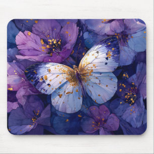 Tapis De Souris Papillon Bleu sur Fleurs Violettes