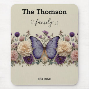 Tapis De Souris Papillon Bleu Vintage avec Fleurs pour Famille
