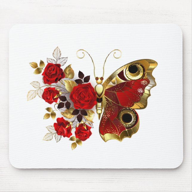 Tapis De Souris Papillon de fleurs rouges aux roses rouges (Devant)