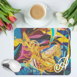 Tapis De Souris Papillon doré Monogramme Antique Liquide Abstrait