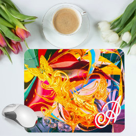 Tapis De Souris Papillon doré Monogramme enflammé Liquide Abstrait