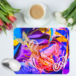 Tapis De Souris Papillon doré vibrant monogramme liquide abstrait