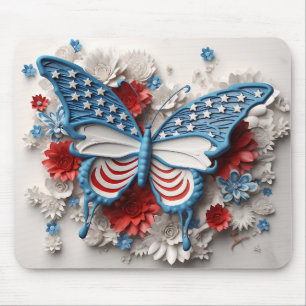 TAPIS DE SOURIS PAPILLON ET FLEURS PATRIOTIQUES ROUGE BLANC BLEU