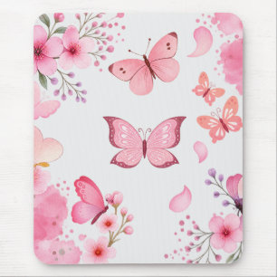 Tapis De Souris Papillon floral de jardin à l'aquarelle rose