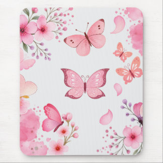 Tapis De Souris Papillon floral de jardin à l'aquarelle rose