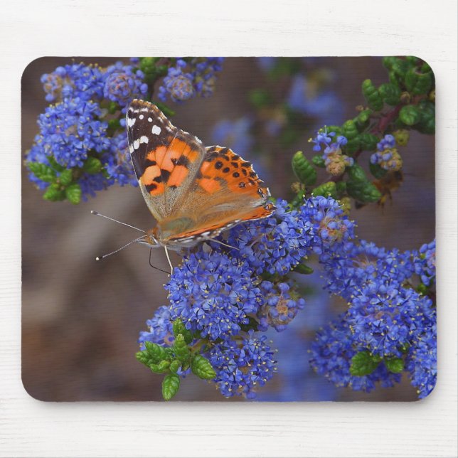 Tapis De Souris Papillon orange sur la fleur bleue (Devant)