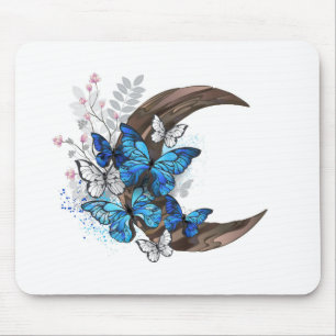 Tapis De Souris Papillons bleus sur croissant en bois