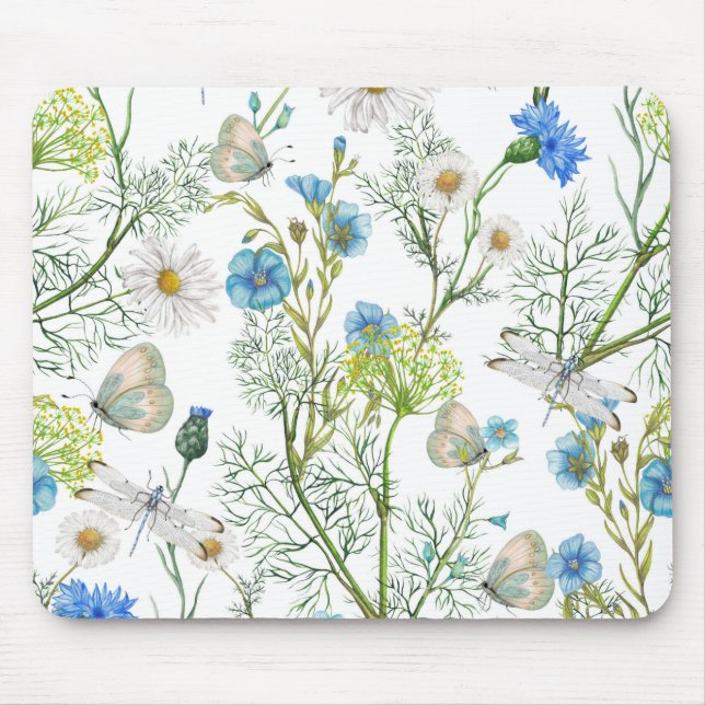 Tapis De Souris Papillons et dragons volent avec des fleurs (Devant)