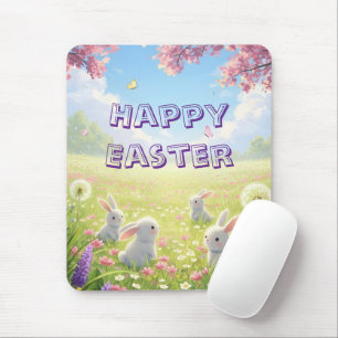 Tapis De Souris Pâques Lavande Mignon Lapin Blanc Floral Printemps