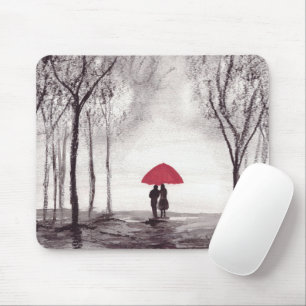 Tapis De Souris Parapluie rouge couple rustique romantique