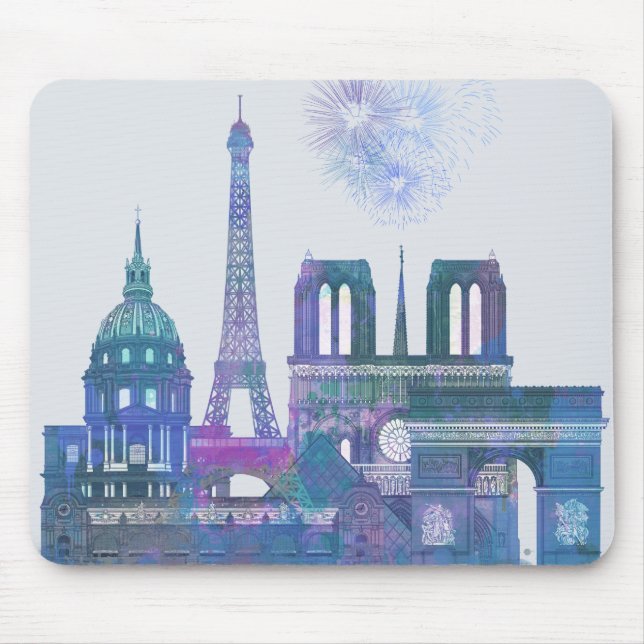 Tapis De Souris Paris Skyline - Aquarelle bleu (Devant)