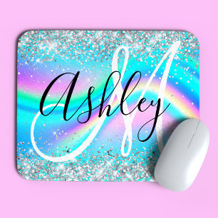 Tapis De Souris Parties scintillant Argent Rainbow Wave Aqua Ombre