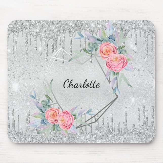 Tapis De Souris Parties scintillant fleurie argent gouttes nom ros (Devant)
