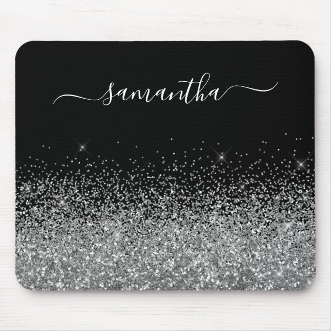 Tapis De Souris Parties scintillant noire et argent Nom élégant (Devant)