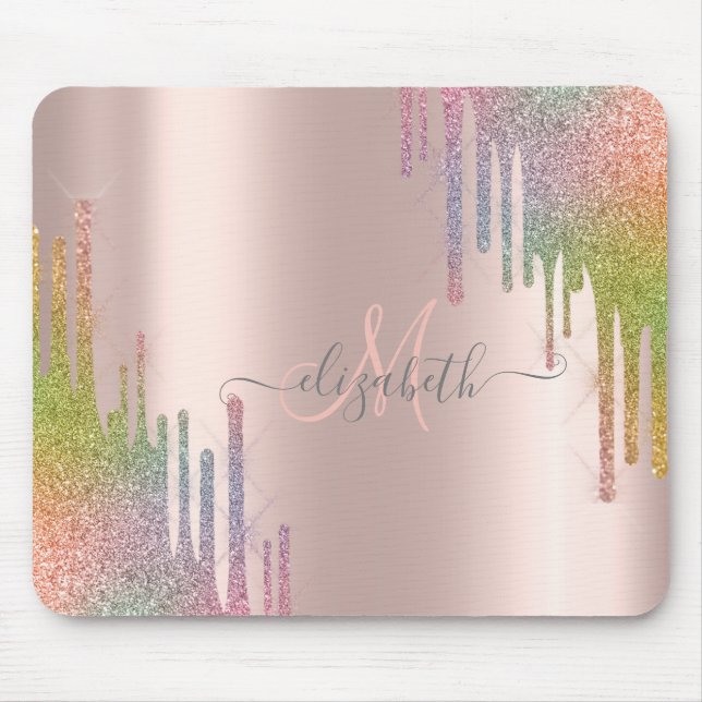 Tapis De Souris Parties scintillant Rainbow moderne Rose or Monogr (Devant)