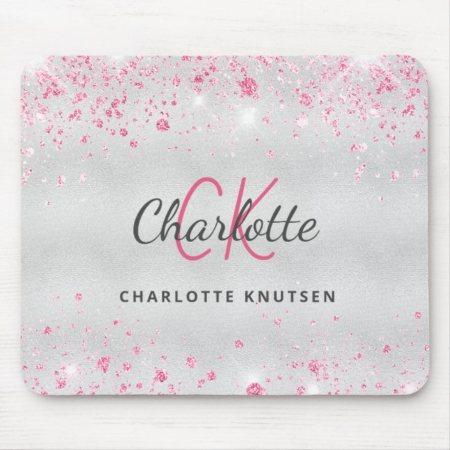 Tapis De Souris Parties scintillant rose argent nom monogramme mét (Devant)