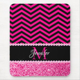 Tapis De Souris Parties scintillant rose noire et chaude Chevron M