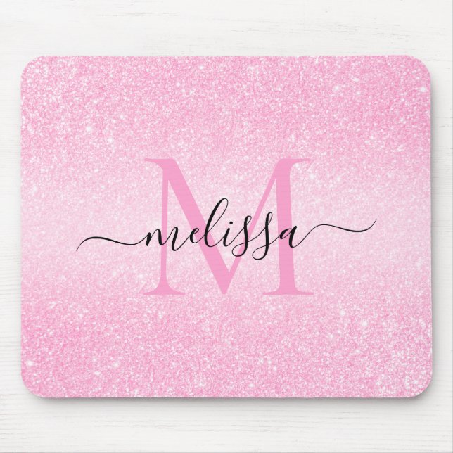 Tapis De Souris Parties scintillant rose Nom du script Monogramme  (Devant)