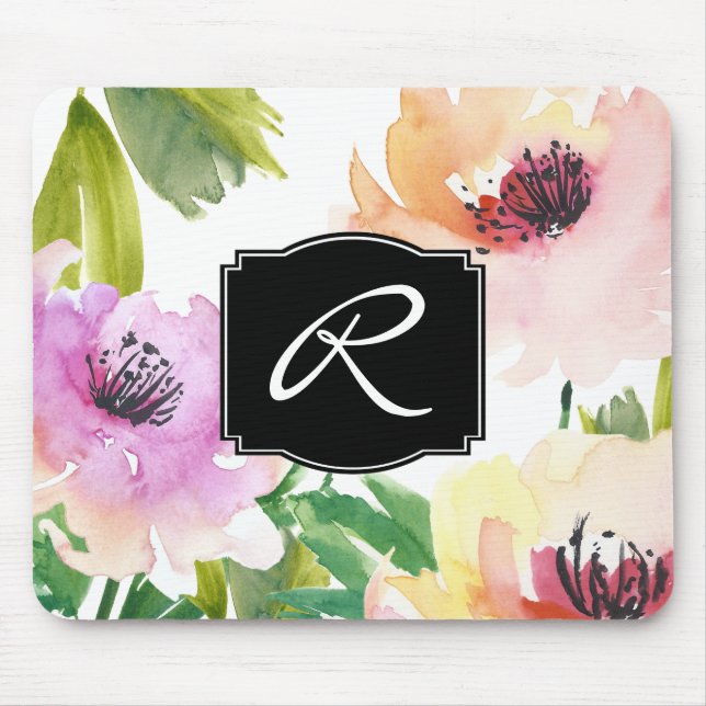 Tapis De Souris Pastel Aquarelle Floral Monogramme (Devant)