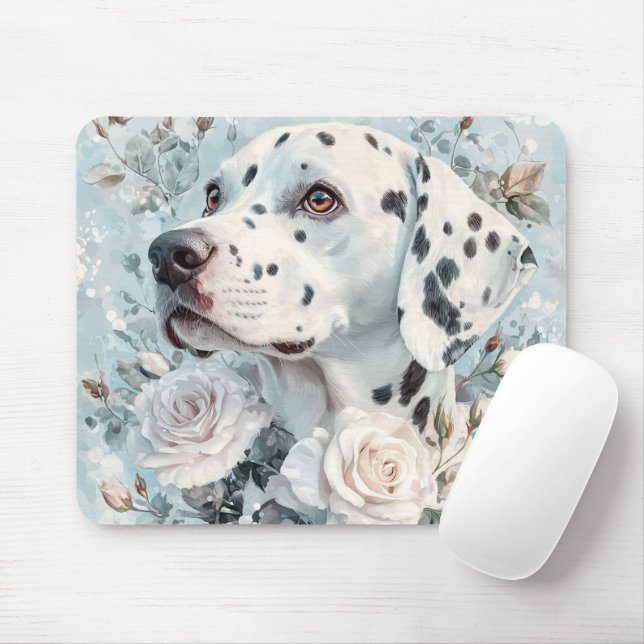 TAPIS DE SOURIS PASTEL BLUE & WHITE FLOWERS WITH DALMATIAN DOG (Avec souris)