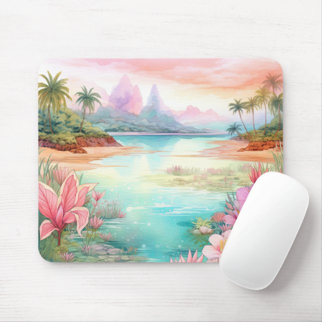 Tapis De Souris Pastel Tropical Island Beach Sunset Mountains (Avec souris)